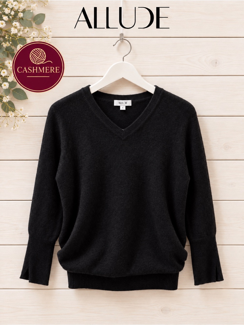 ALLUDE Black Cashmere V-Neck Sweater S